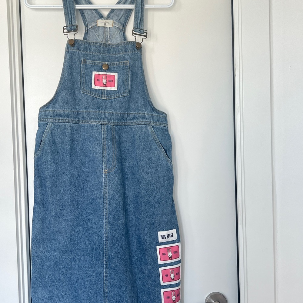 Vintage Trendy Denim Overall Dress with Pink Details